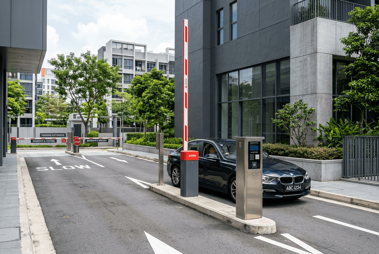 Otopark girişinde kaldırılmış otomatik bariyer kolu ve kart okuyucu